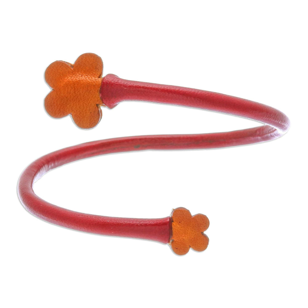 Handcrafted Floral Red and Orange Leather Wrap Bracelet - Floral Embrace in Red