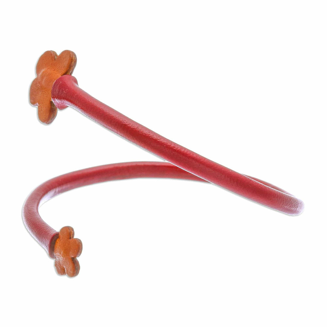 Handcrafted Floral Red and Orange Leather Wrap Bracelet - Floral Embrace in Red
