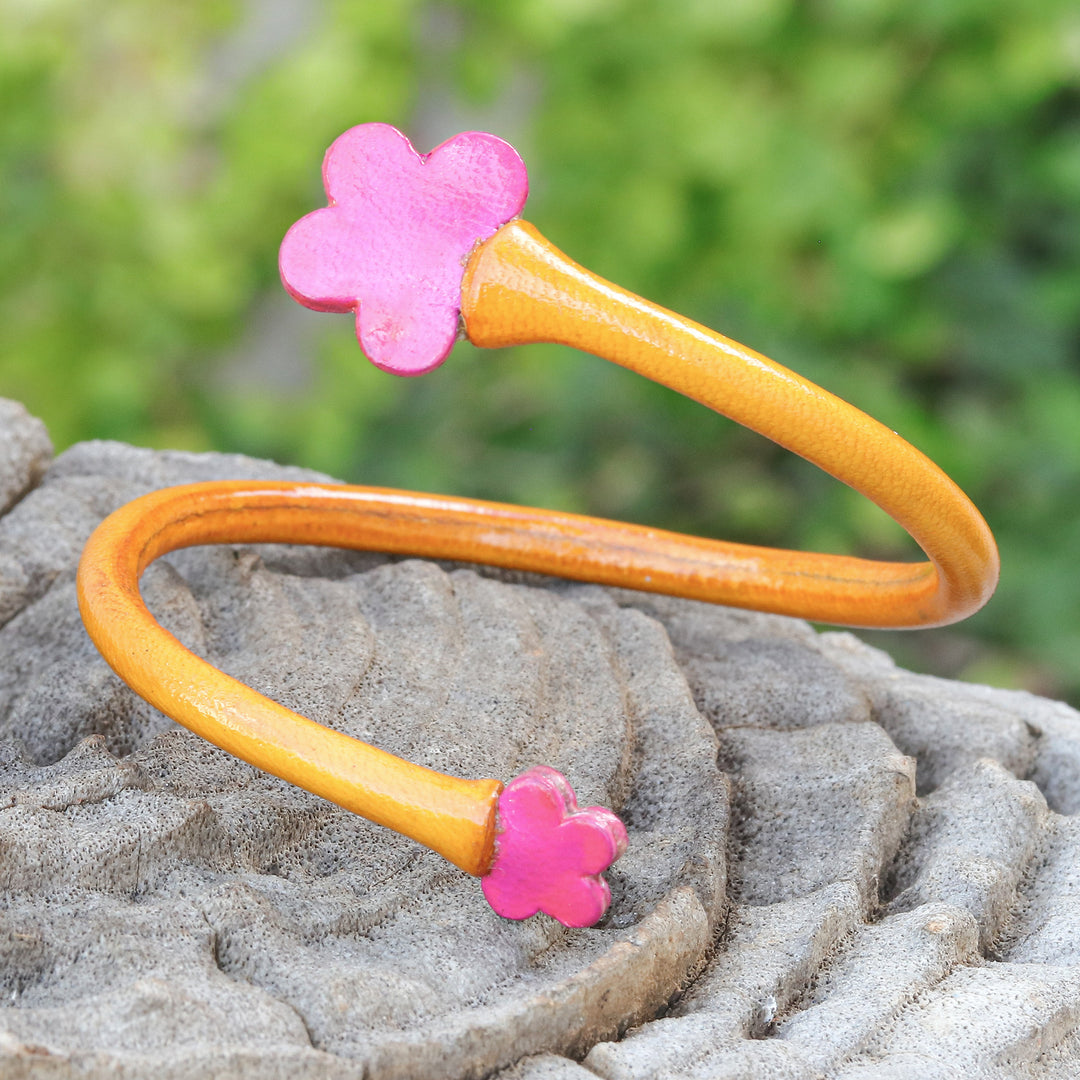 Handcrafted Floral Yellow and Pink Leather Wrap Bracelet - Floral Embrace in Yellow