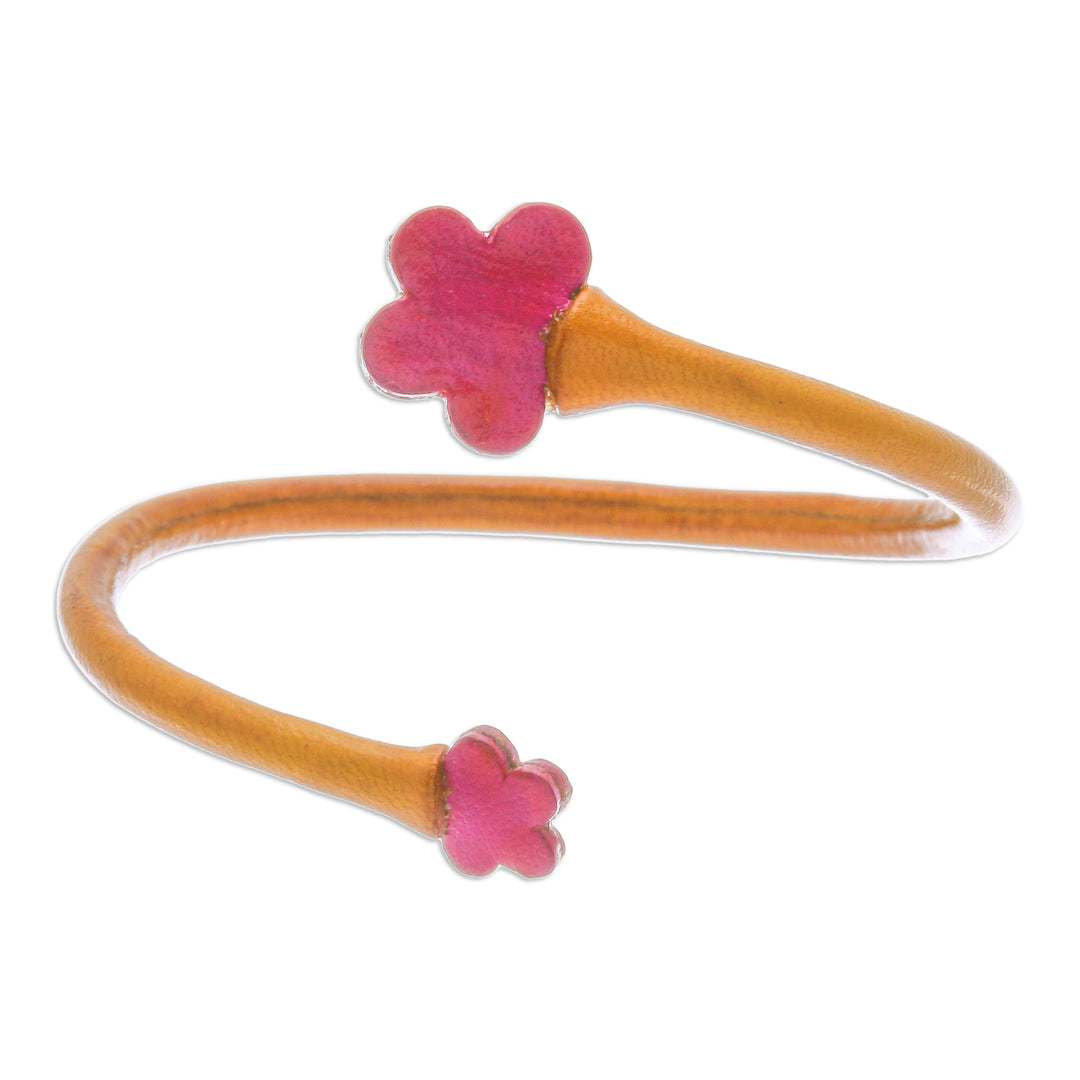 Handcrafted Floral Yellow and Pink Leather Wrap Bracelet - Floral Embrace in Yellow