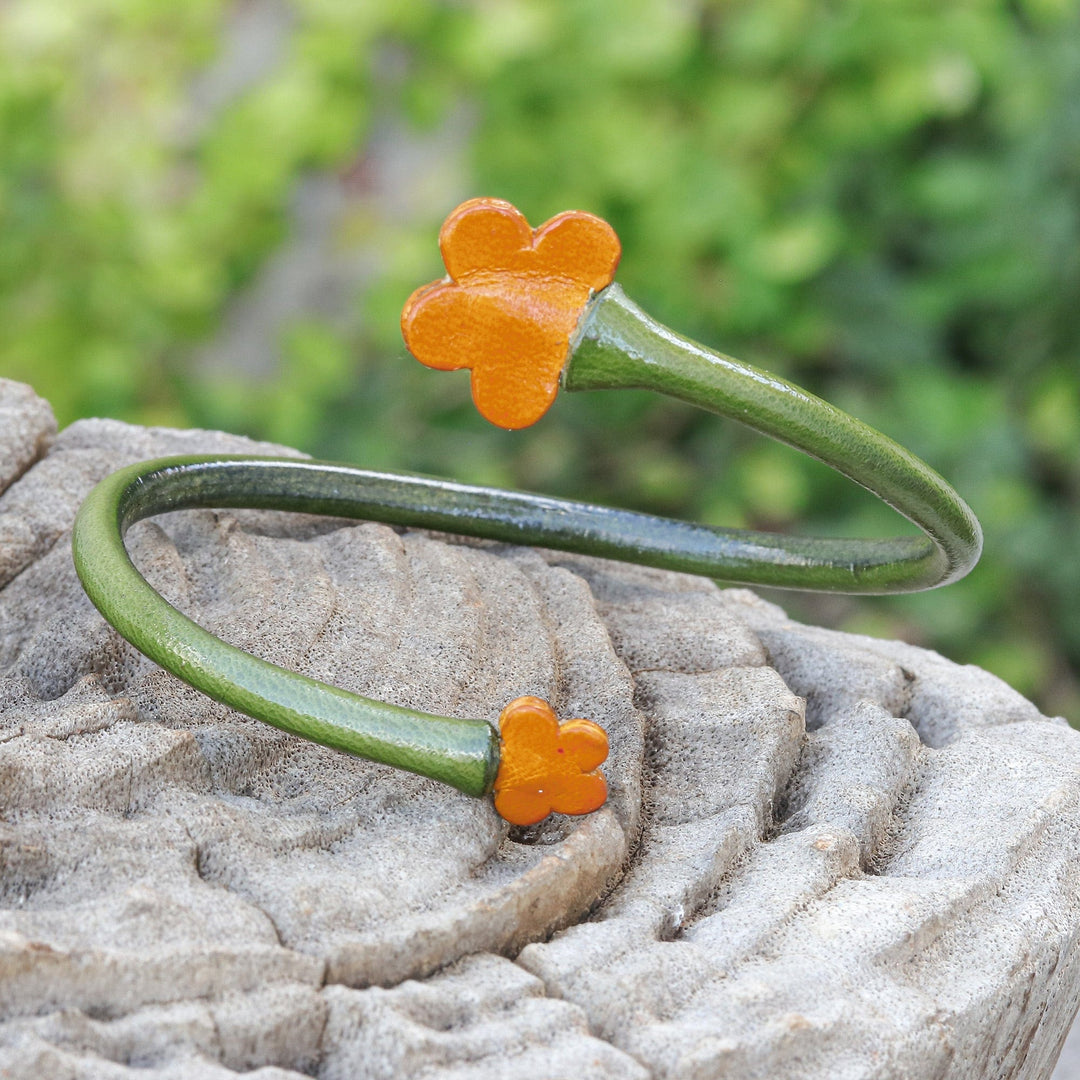Handcrafted Floral Green and Orange Leather Wrap Bracelet - Floral Embrace in Green