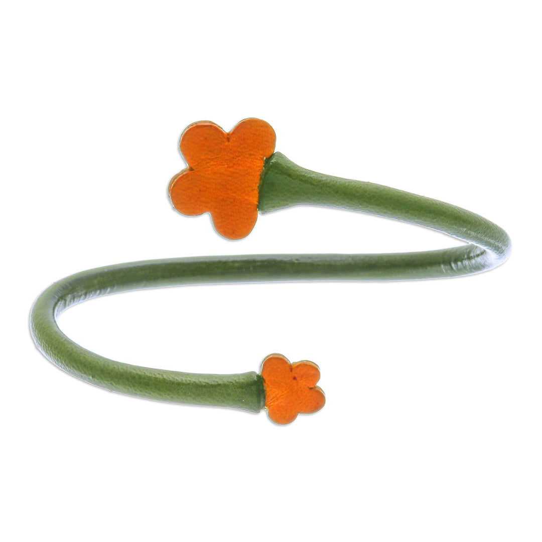 Handcrafted Floral Green and Orange Leather Wrap Bracelet - Floral Embrace in Green