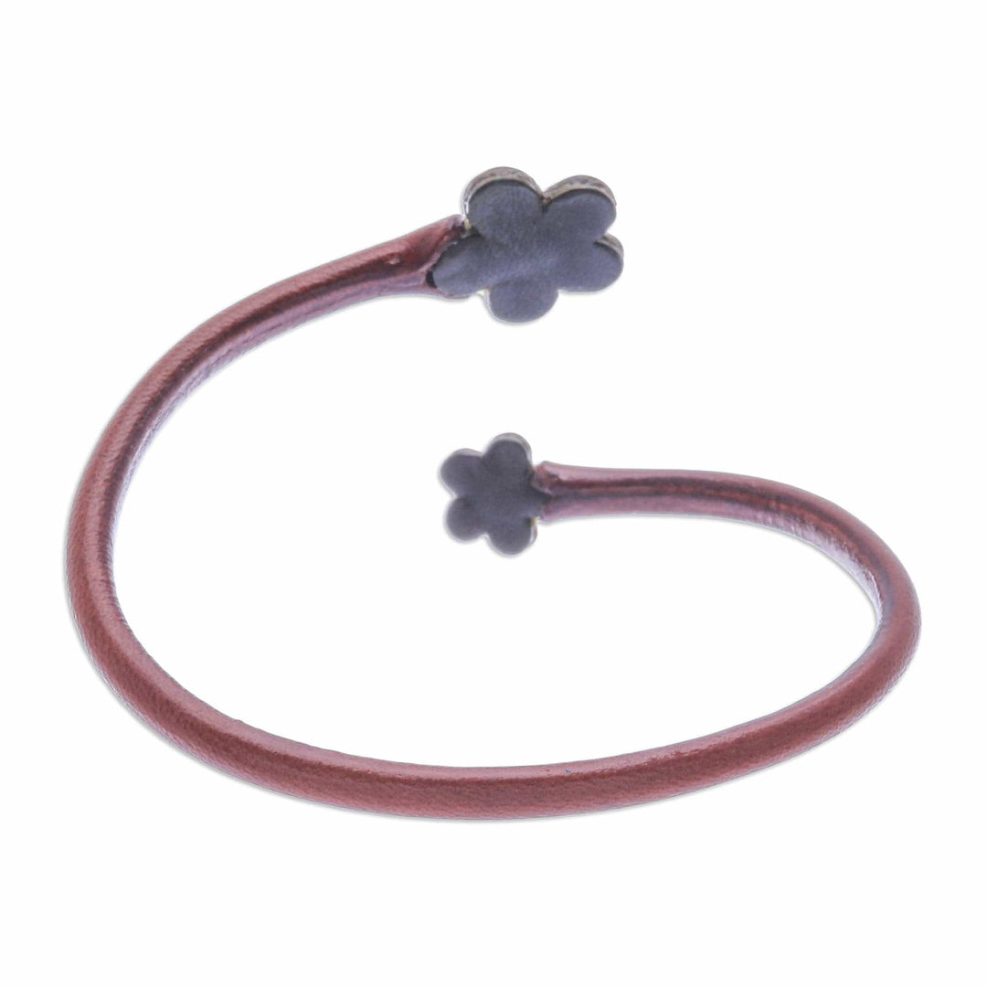 Handcrafted Floral Brown and Green Leather Wrap Bracelet - Floral Embrace in Brown