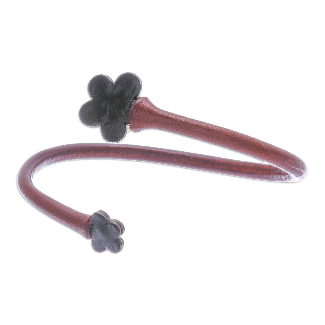 Handcrafted Floral Brown and Green Leather Wrap Bracelet - Floral Embrace in Brown