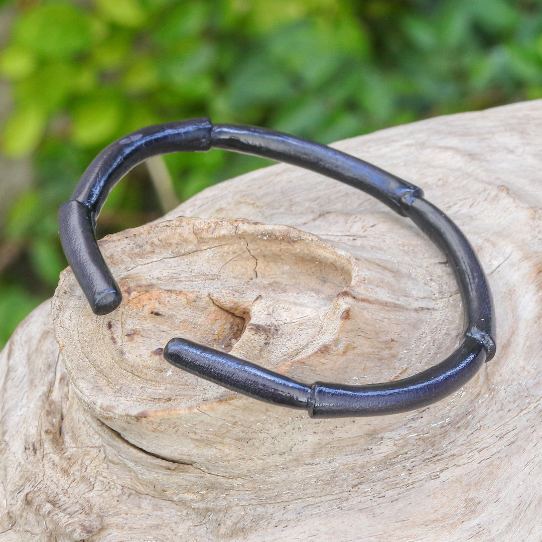 Bamboo-Inspired Adjustable Black Leather Cuff Bracelet - Mysterious Bamboo
