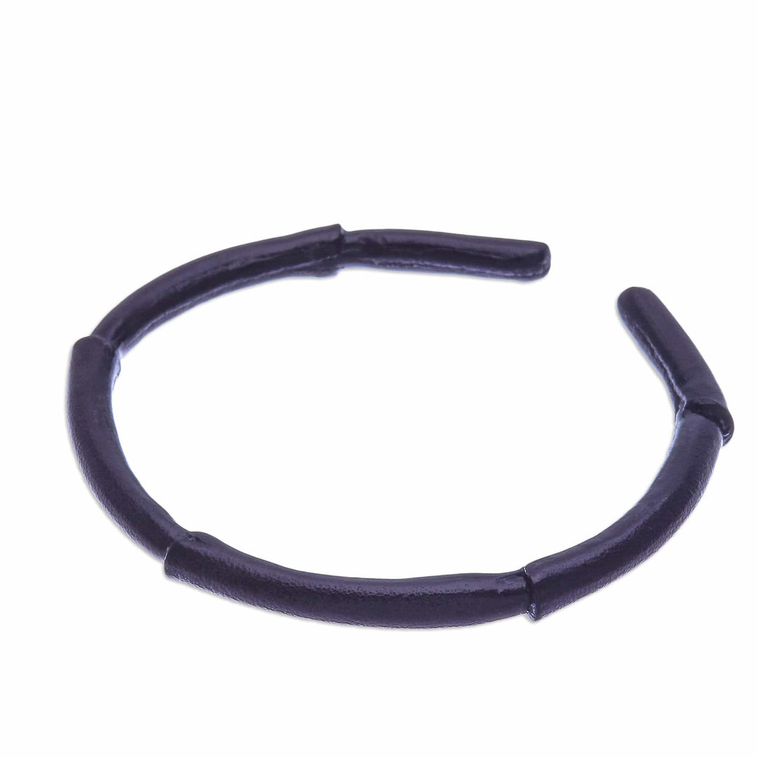 Bamboo-Inspired Adjustable Black Leather Cuff Bracelet - Mysterious Bamboo