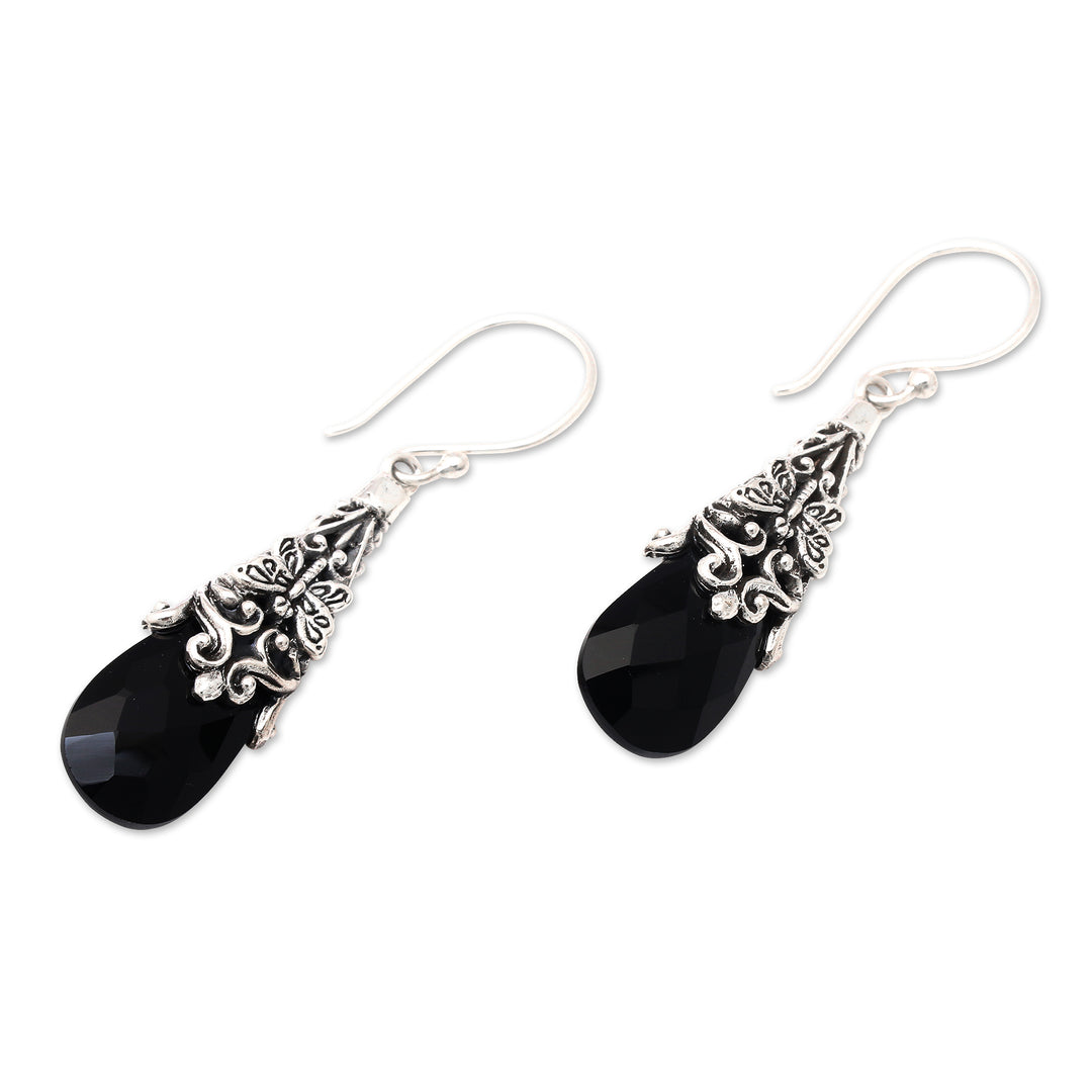 Traditional Dragonfly-Themed 5-Carat Onyx Dangle Earrings - Magic in the Dark