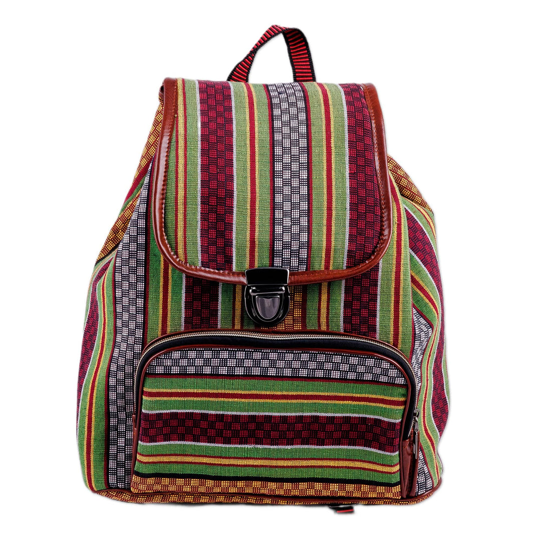 Adjustable Striped Green and Red Janda Cotton Backpack - Natural Traveler