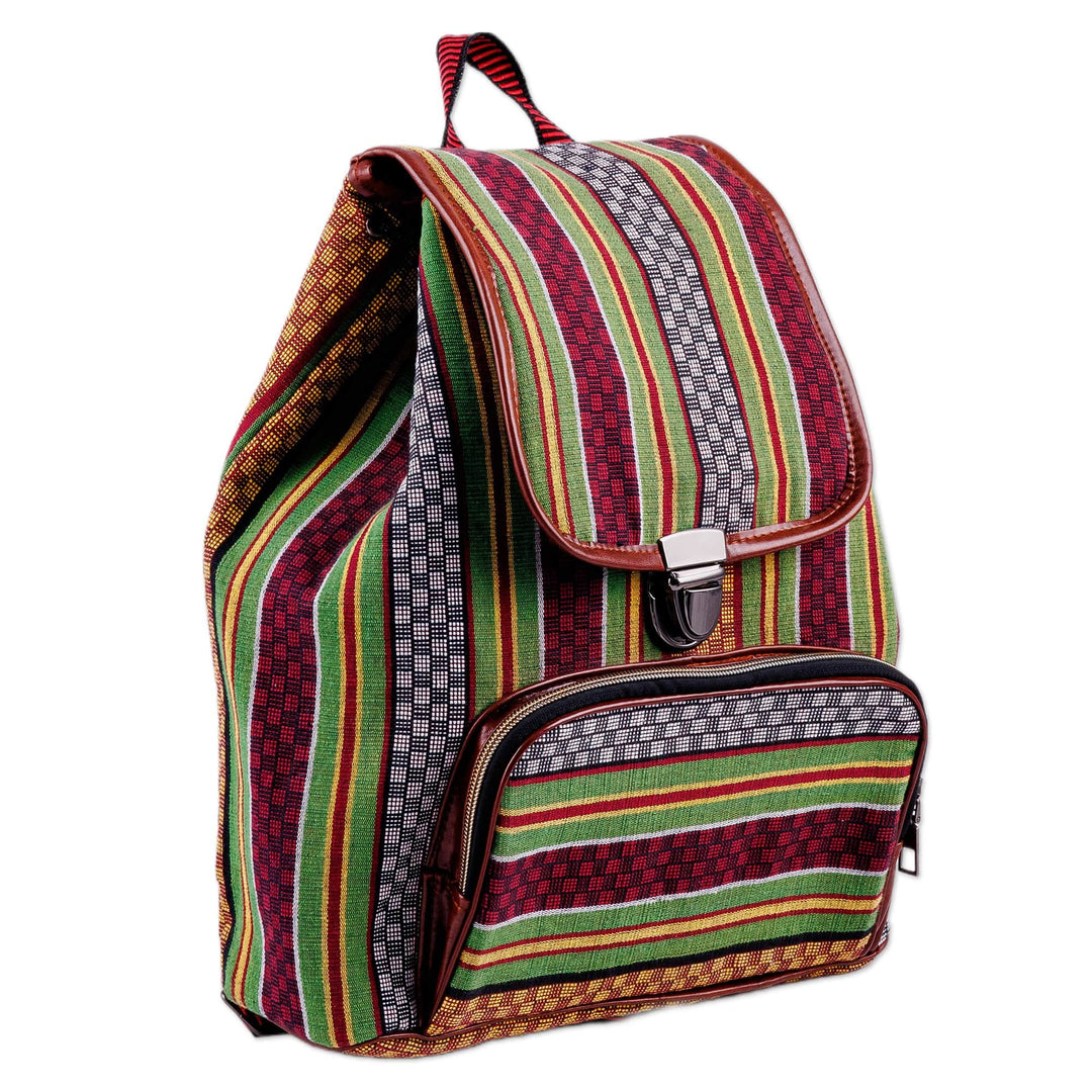 Adjustable Striped Green and Red Janda Cotton Backpack - Natural Traveler