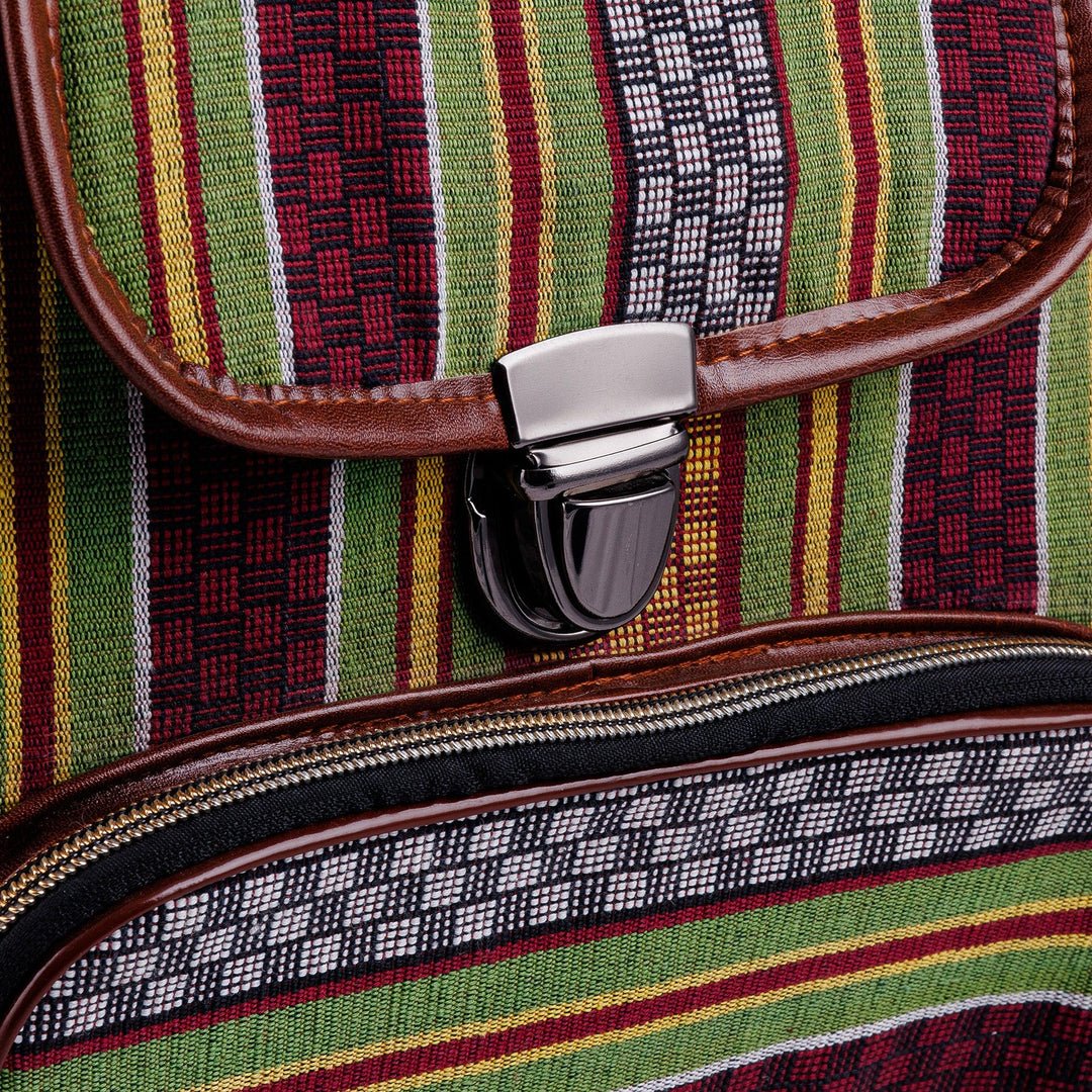 Adjustable Striped Green and Red Janda Cotton Backpack - Natural Traveler