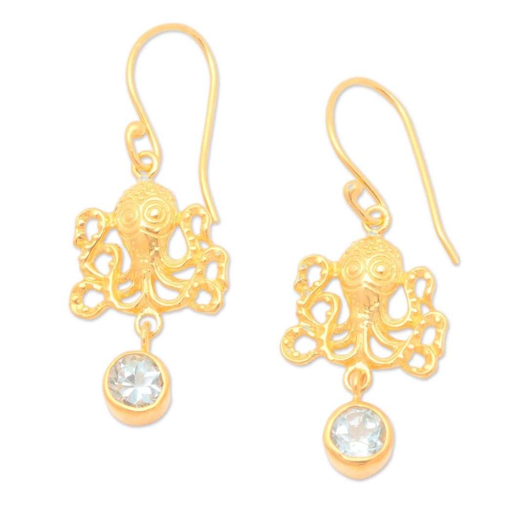 22k Gold-Plated Octopus Dangle Earrings with Blue Topaz Gems - Golden Sage of the Sea