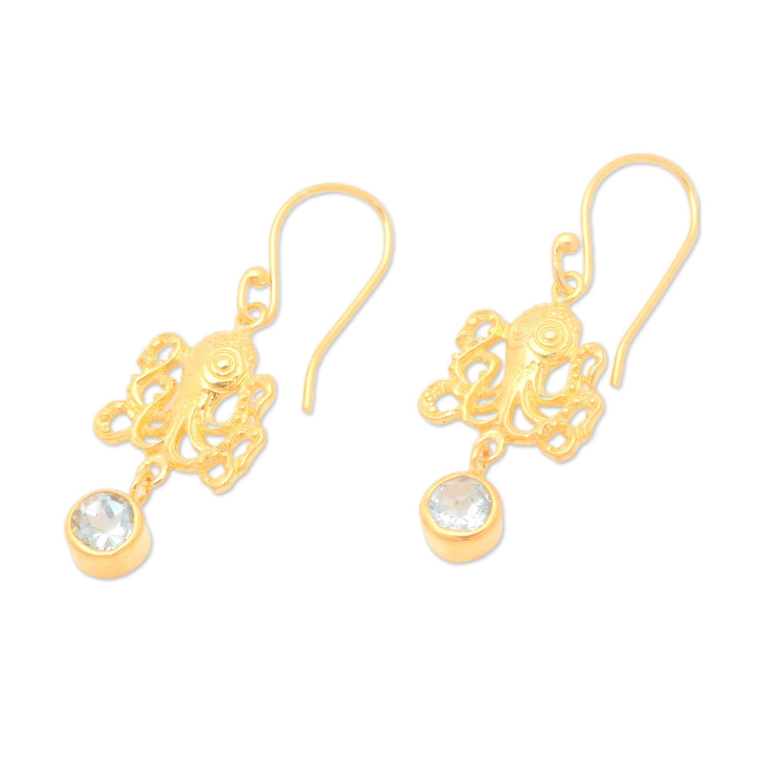 22k Gold-Plated Octopus Dangle Earrings with Blue Topaz Gems - Golden Sage of the Sea