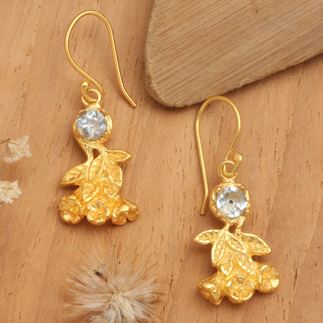 Leaf-Themed 22k Gold-Plated 1-Carat Topaz Dangle Earrings - Leaf Victory