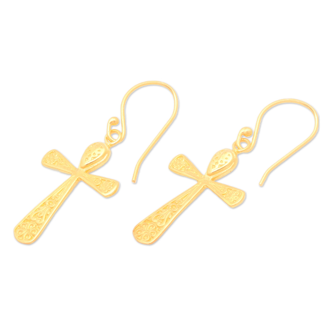 High-Polished 22k Gold-Plated Cross Dangle Earrings - Triumph Cross