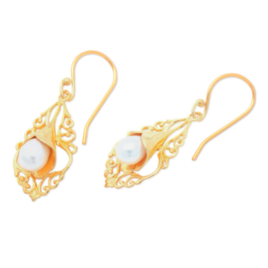22k Gold-Plated White Cultured Pearl Kayonan Dangle Earrings - Sacred Kayonan