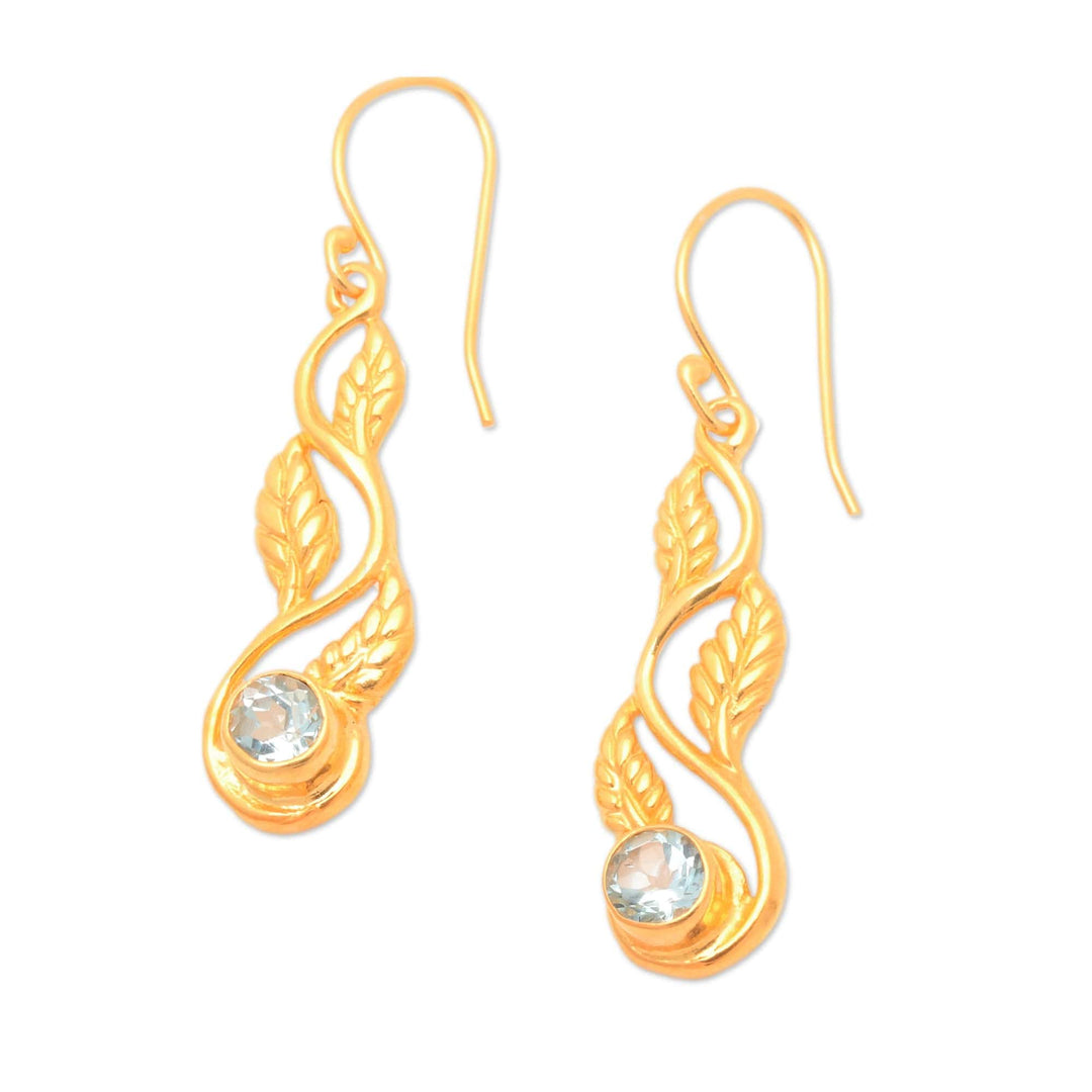 22k Gold-Plated Leafy Blue Topaz Dangle Earrings from Bali - Vines of Loyalty