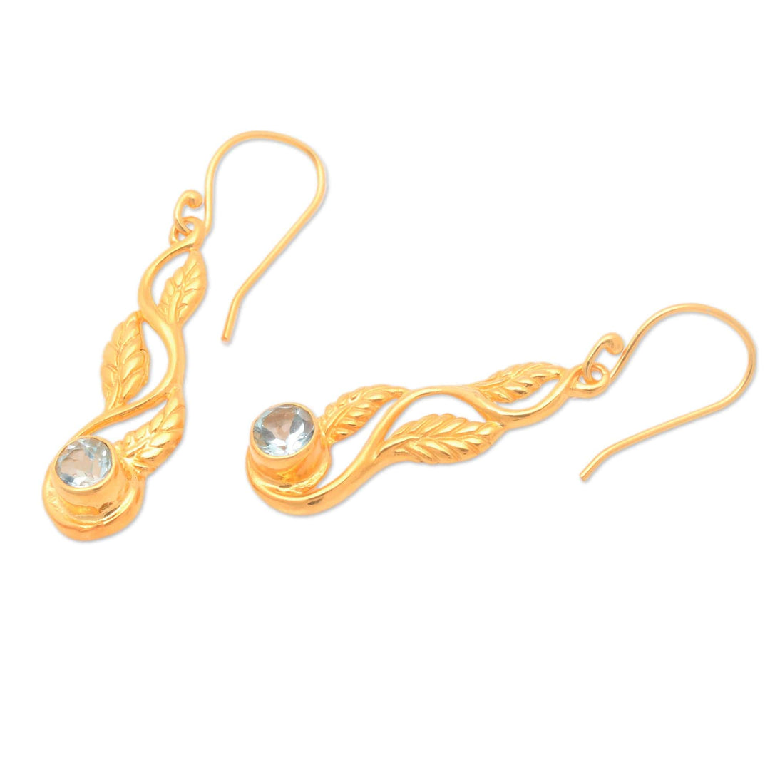22k Gold-Plated Leafy Blue Topaz Dangle Earrings from Bali - Vines of Loyalty