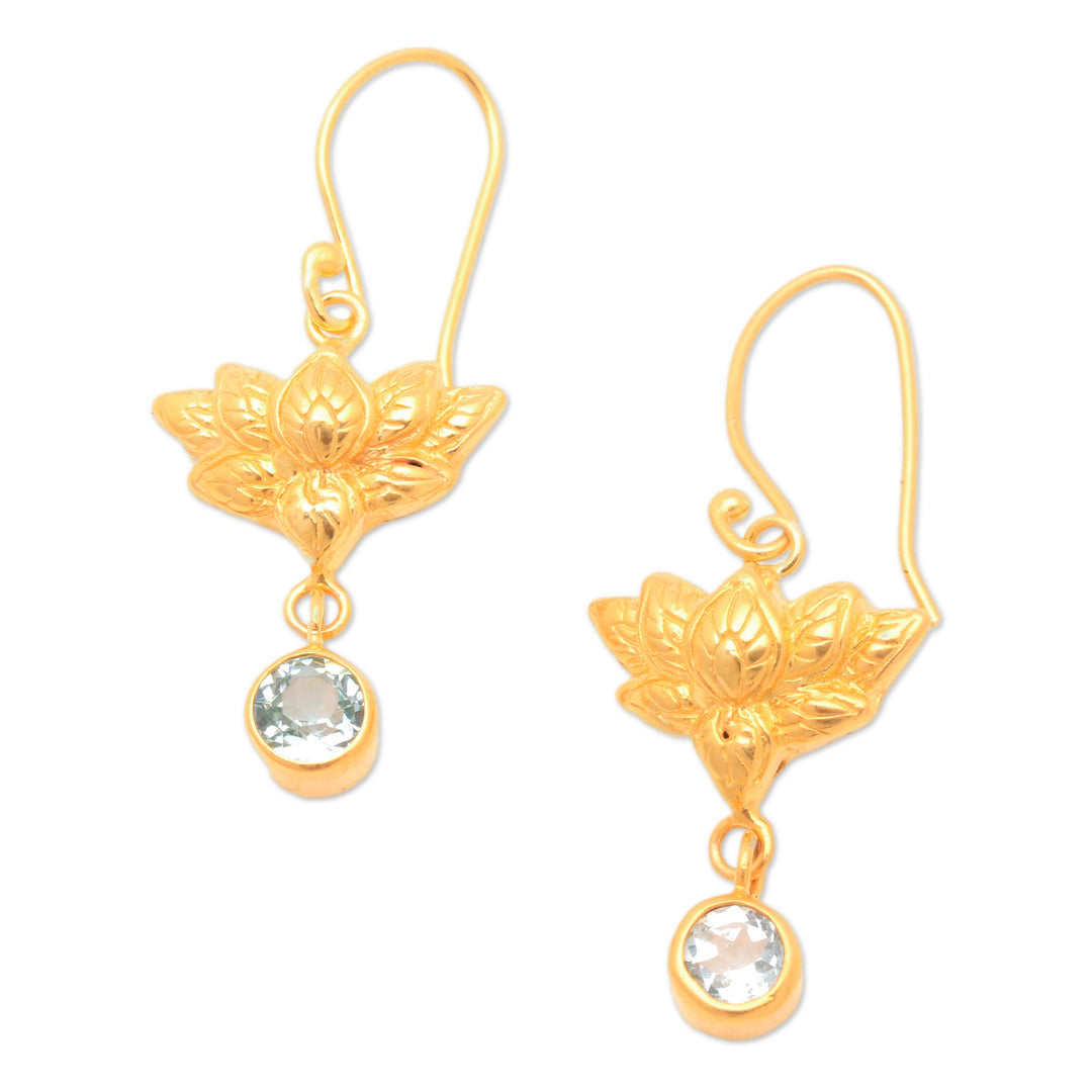 Lotus-Shaped 22k Gold-Plated Blue Topaz Dangle Earrings - Brahman's Blue Jewel
