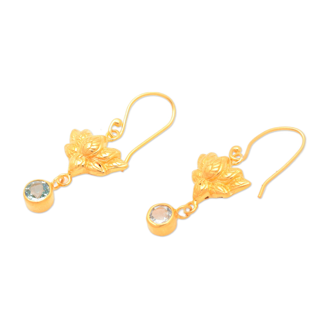 Lotus-Shaped 22k Gold-Plated Blue Topaz Dangle Earrings - Brahman's Blue Jewel