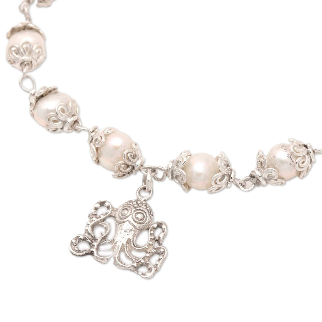 Floral Grey Cultured Pearl Bracelet with Octopus Charm - Only The Sea