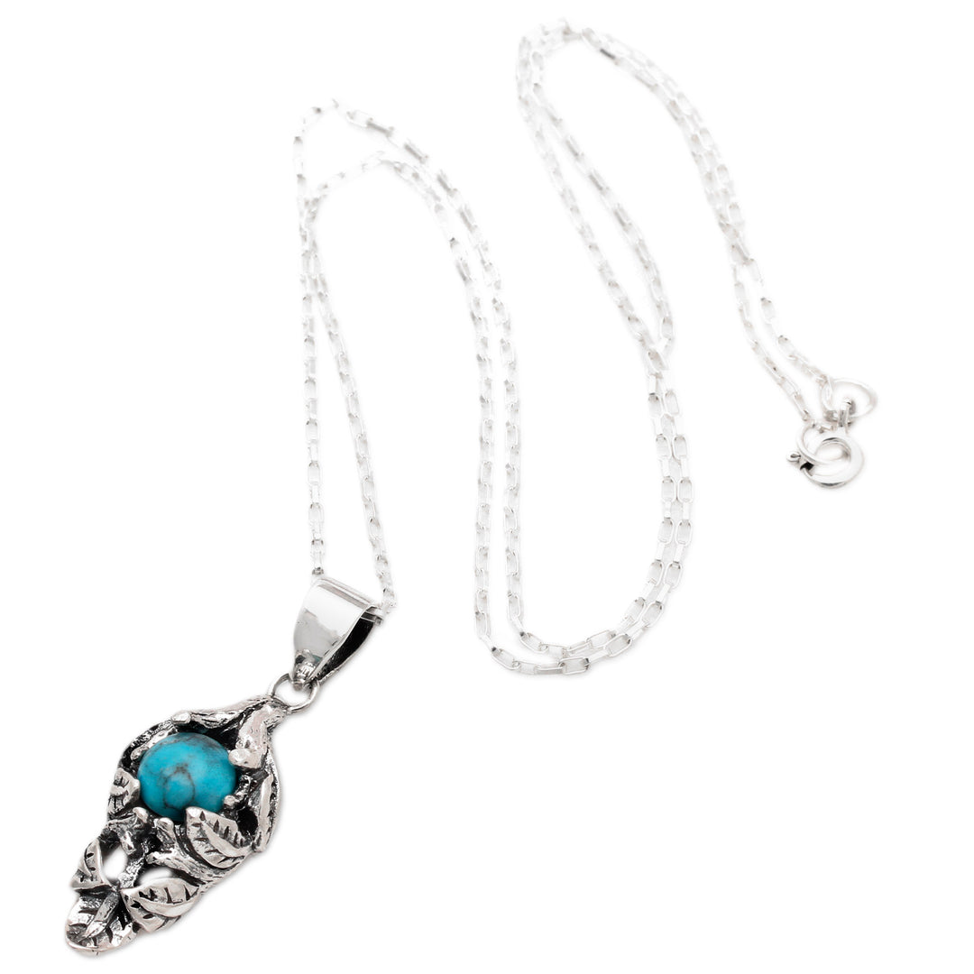 Leafy Sterling Silver and Recon Turquoise Pendant Necklace - Tropical Bract