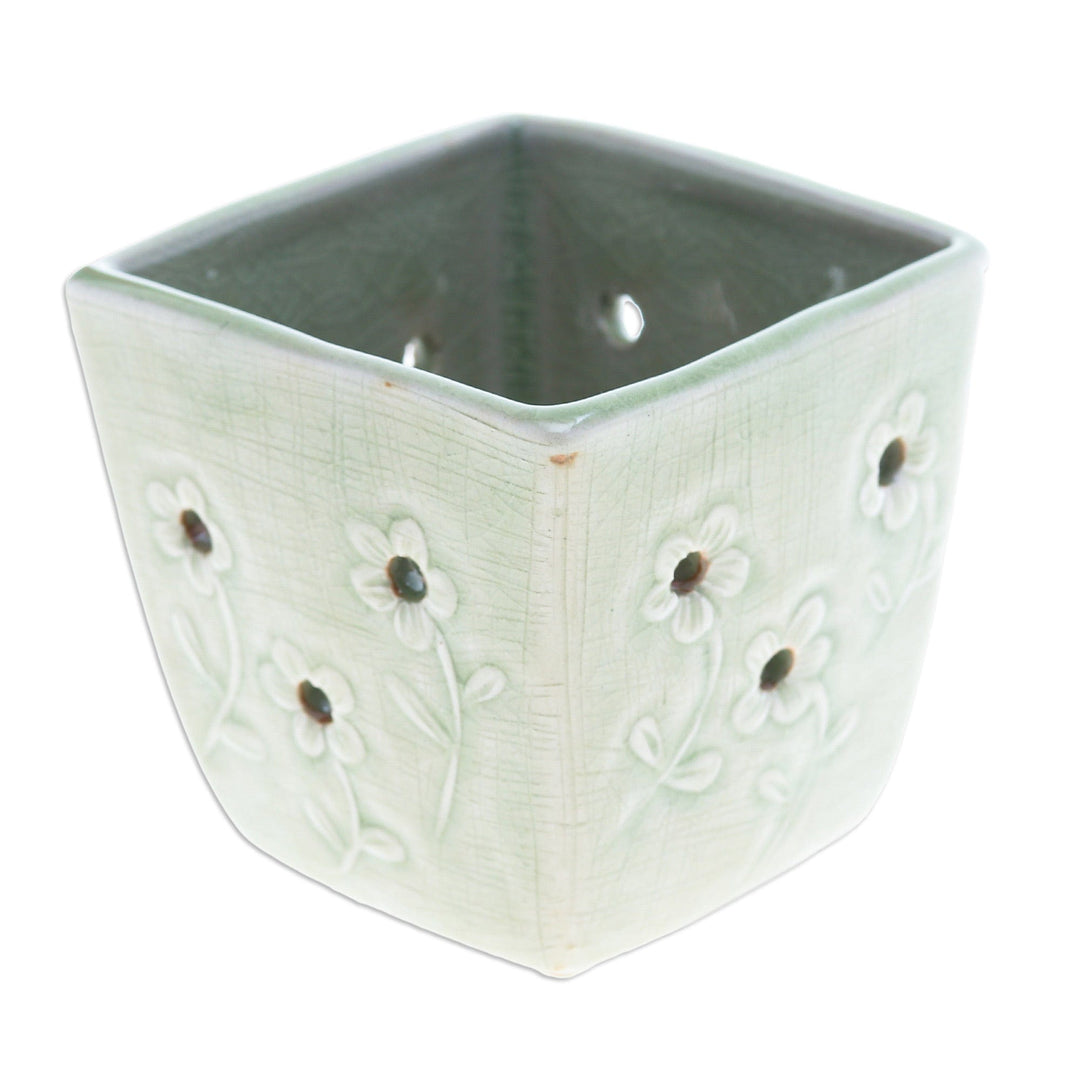 Celadon Ceramic Mini Planter with Floral Motif in Green - Green Little Garden
