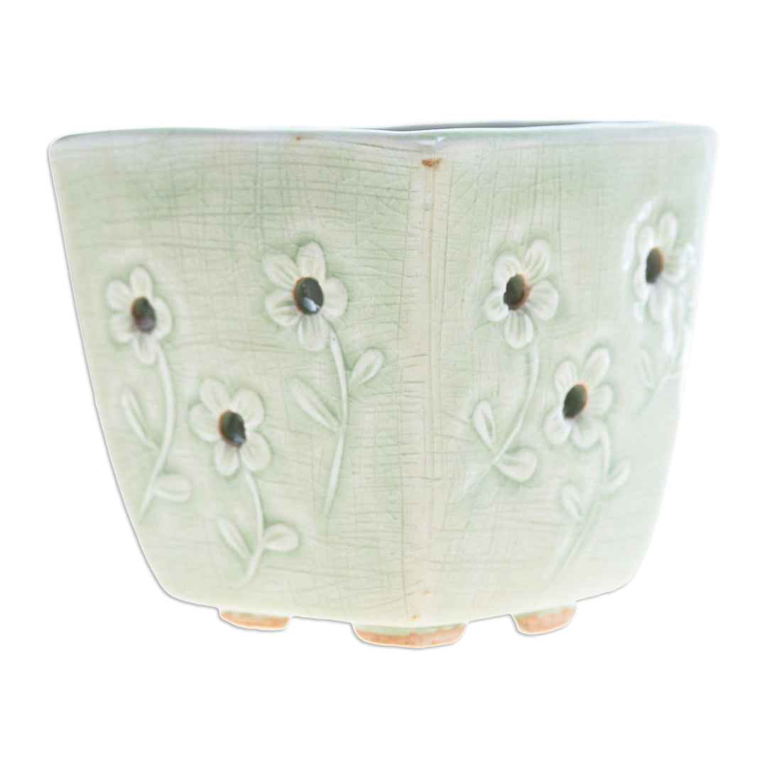 Celadon Ceramic Mini Planter with Floral Motif in Green - Green Little Garden