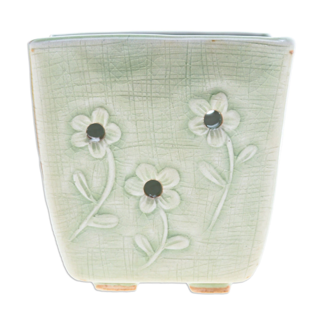 Celadon Ceramic Mini Planter with Floral Motif in Green - Green Little Garden