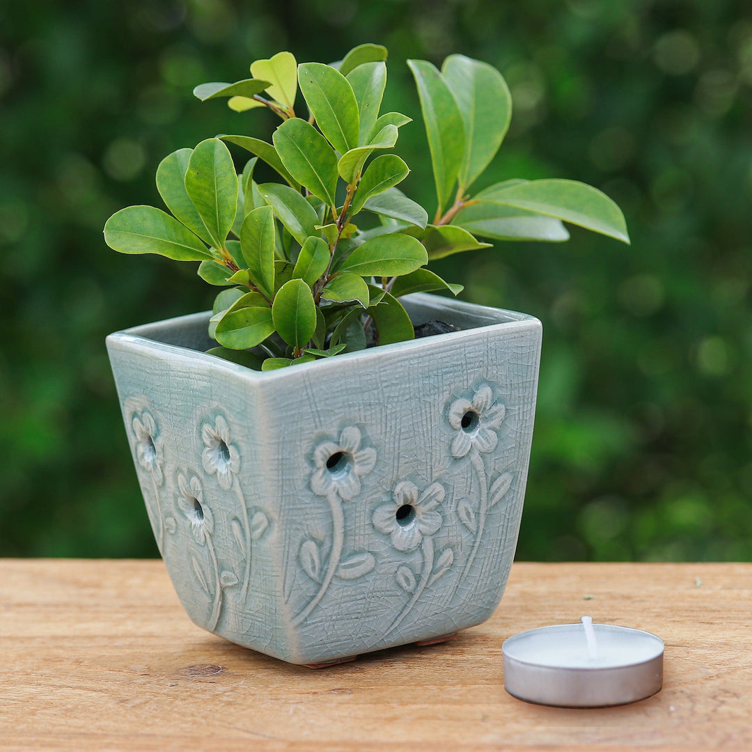 Celadon Ceramic Mini Planter with Floral Motif in Blue - Blue Little Garden
