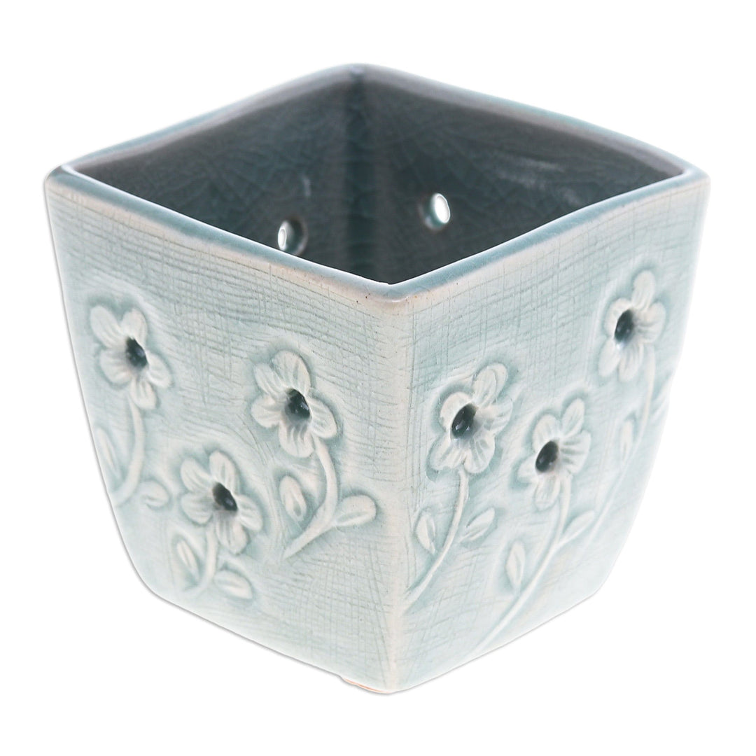 Celadon Ceramic Mini Planter with Floral Motif in Blue - Blue Little Garden