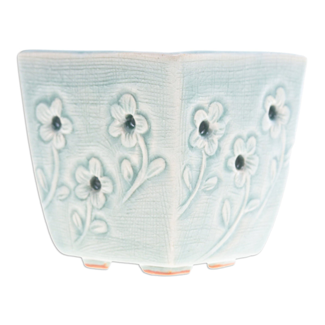 Celadon Ceramic Mini Planter with Floral Motif in Blue - Blue Little Garden
