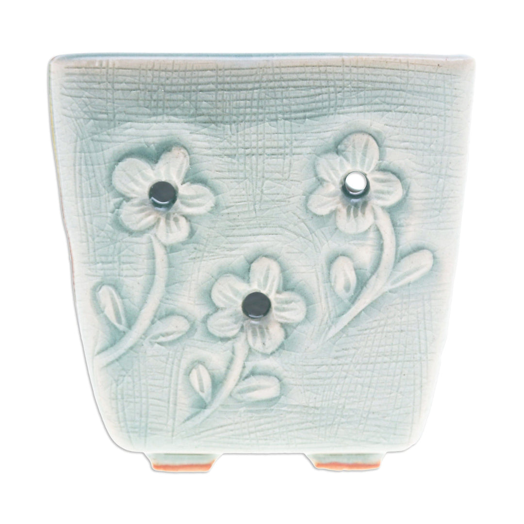 Celadon Ceramic Mini Planter with Floral Motif in Blue - Blue Little Garden