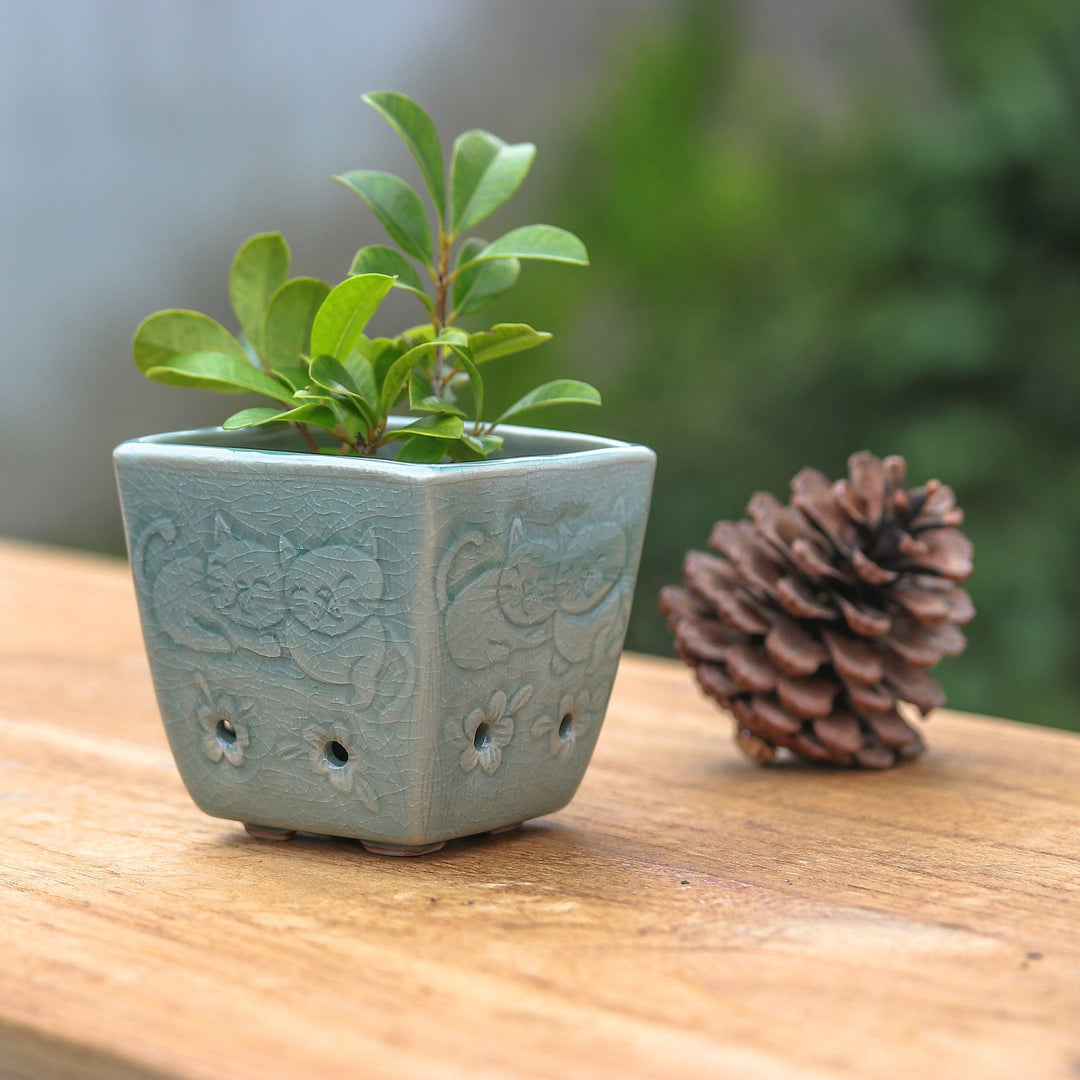 Cat and Floral-Themed Celadon Ceramic Mini Planter in Blue - Blue Kitty Garden