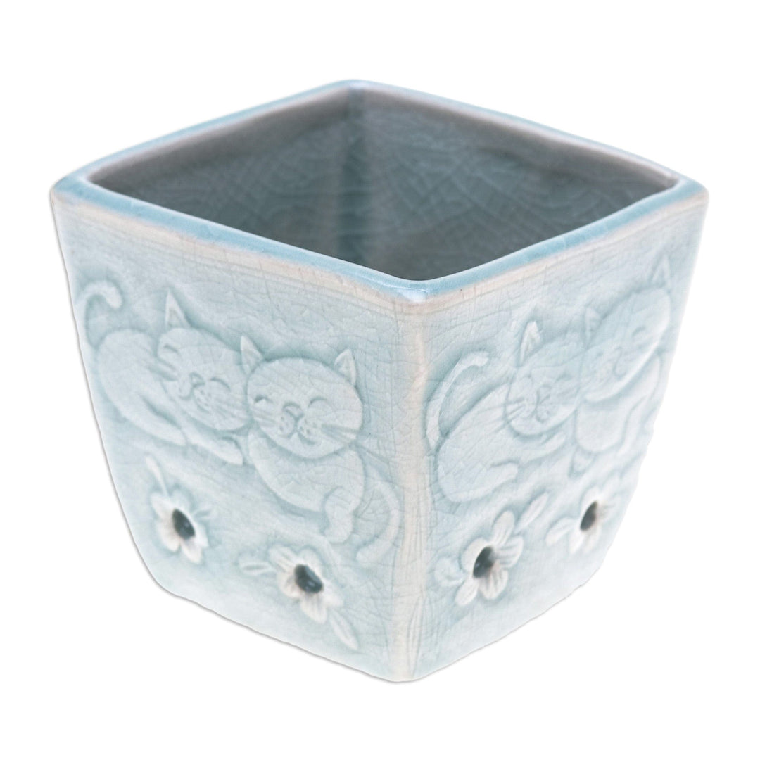 Cat and Floral-Themed Celadon Ceramic Mini Planter in Blue - Blue Kitty Garden