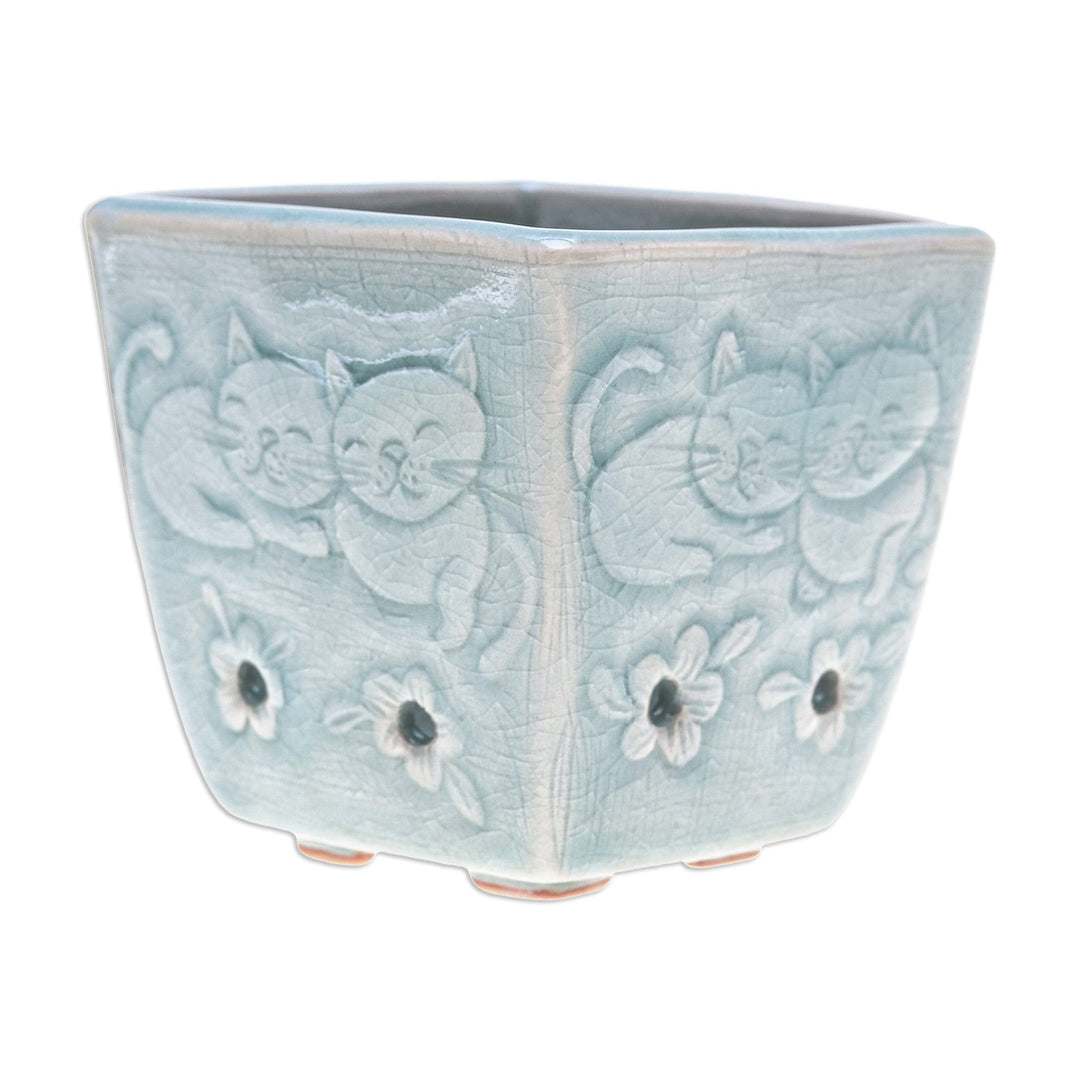 Cat and Floral-Themed Celadon Ceramic Mini Planter in Blue - Blue Kitty Garden