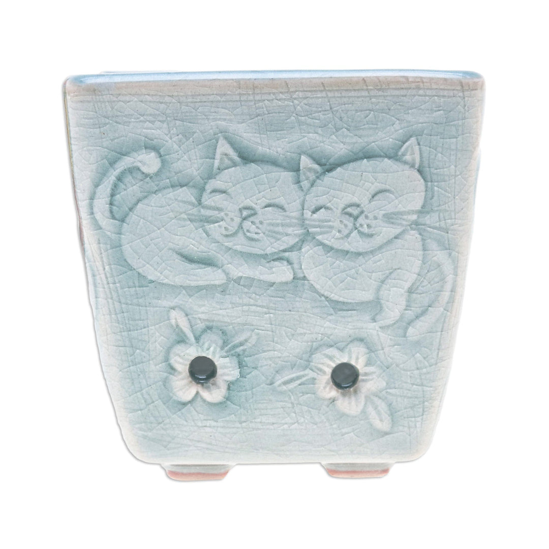 Cat and Floral-Themed Celadon Ceramic Mini Planter in Blue - Blue Kitty Garden