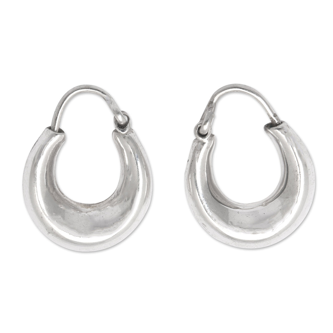 Polished Round Sterling Silver Hoop Earrings from Bali - Alluring Auras
