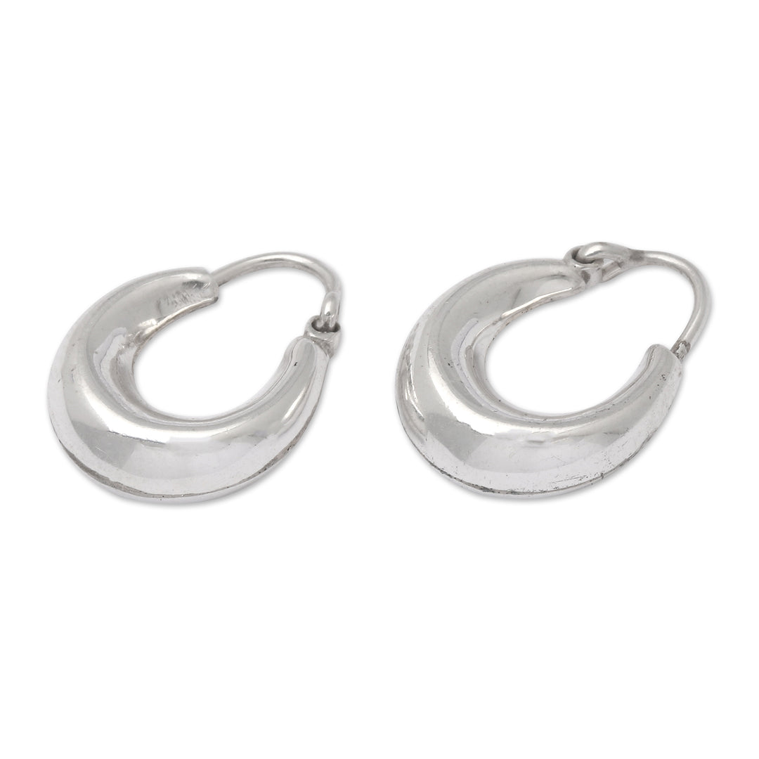 Polished Round Sterling Silver Hoop Earrings from Bali - Alluring Auras