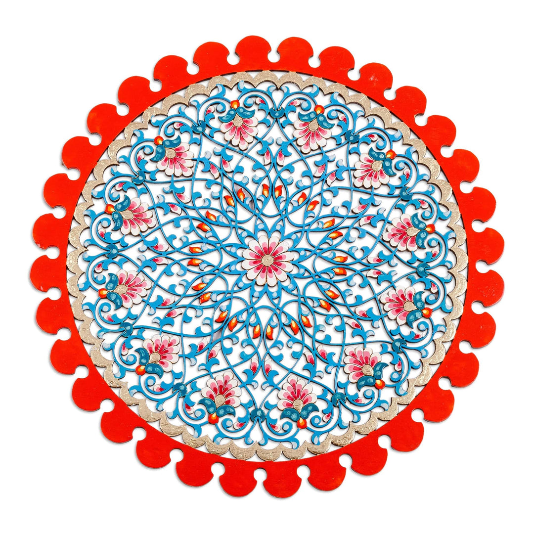 Floral Hand-Carved Round Red and Blue Wood Wall Accent - Celestial Realm
