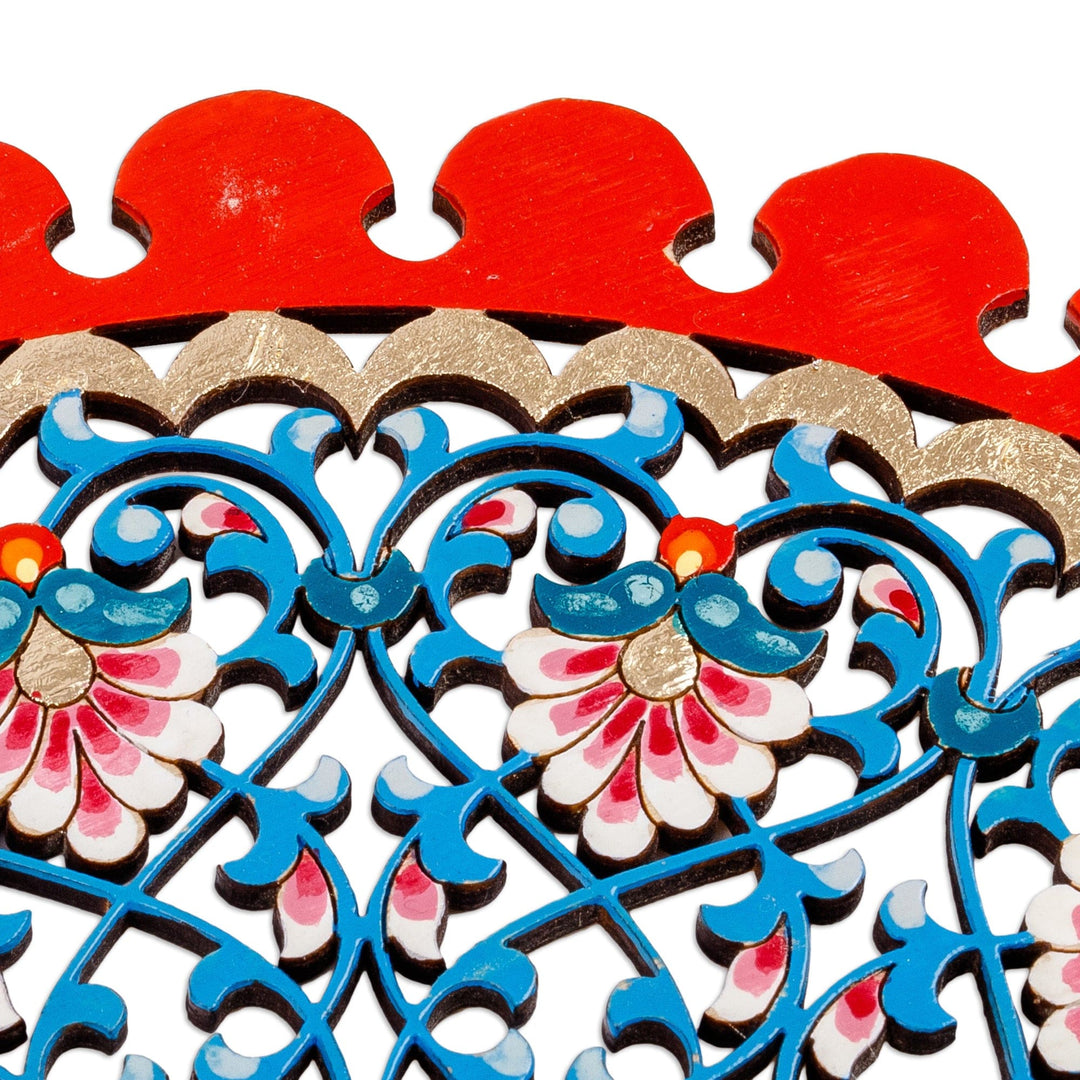 Floral Hand-Carved Round Red and Blue Wood Wall Accent - Celestial Realm
