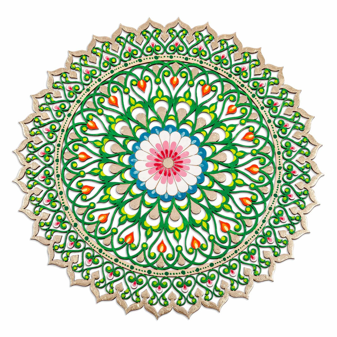 Hand-Painted Floral Green and Golden Wood Wall Accent - Garden of Paradise