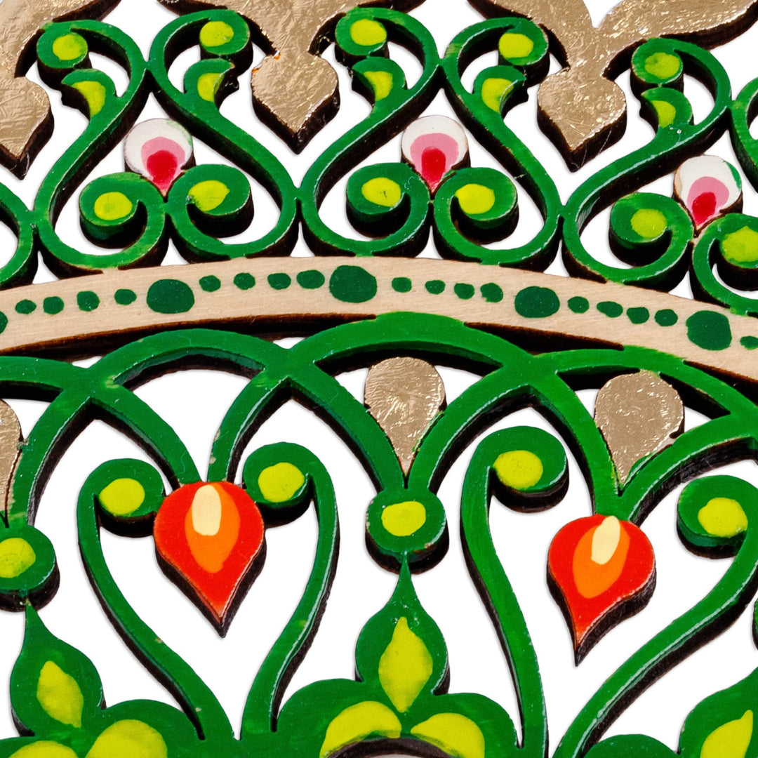 Hand-Painted Floral Green and Golden Wood Wall Accent - Garden of Paradise