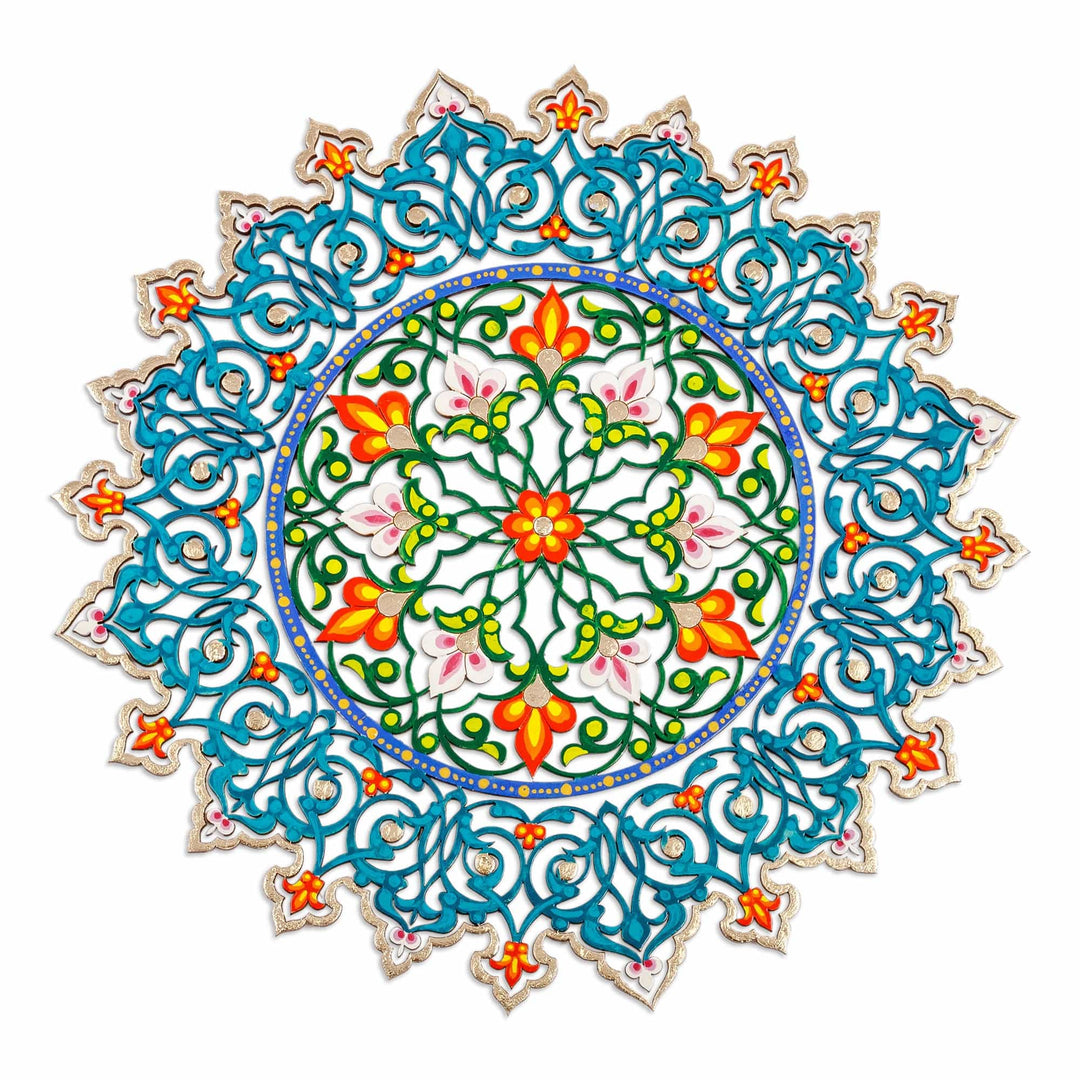 Classic Floral Painted Golden and Turquoise Wood Wall Accent - Kingdom Flower in Turquoise