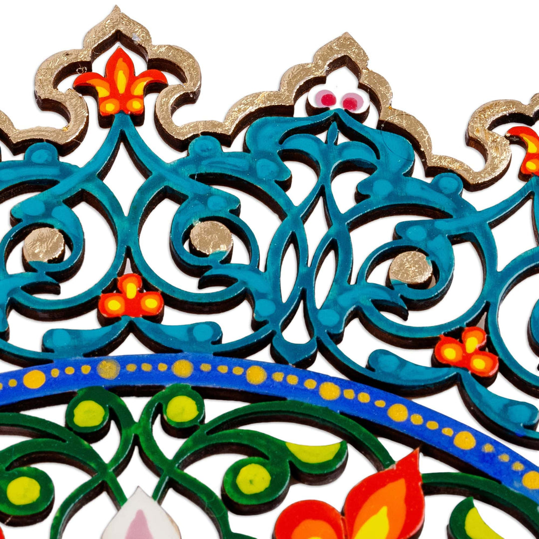 Classic Floral Painted Golden and Turquoise Wood Wall Accent - Kingdom Flower in Turquoise