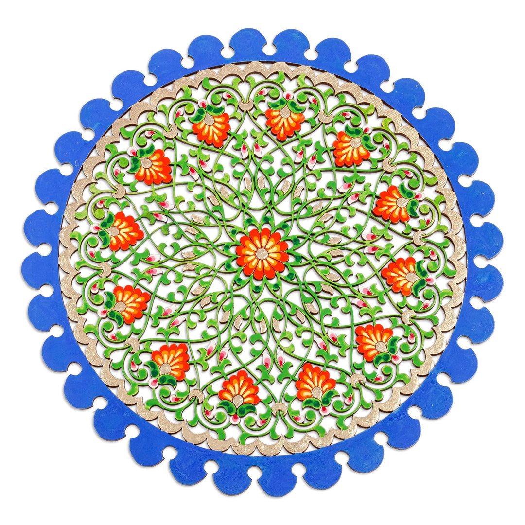 Floral Hand-Carved Round Blue and Green Wood Wall Accent - Utopian Realm