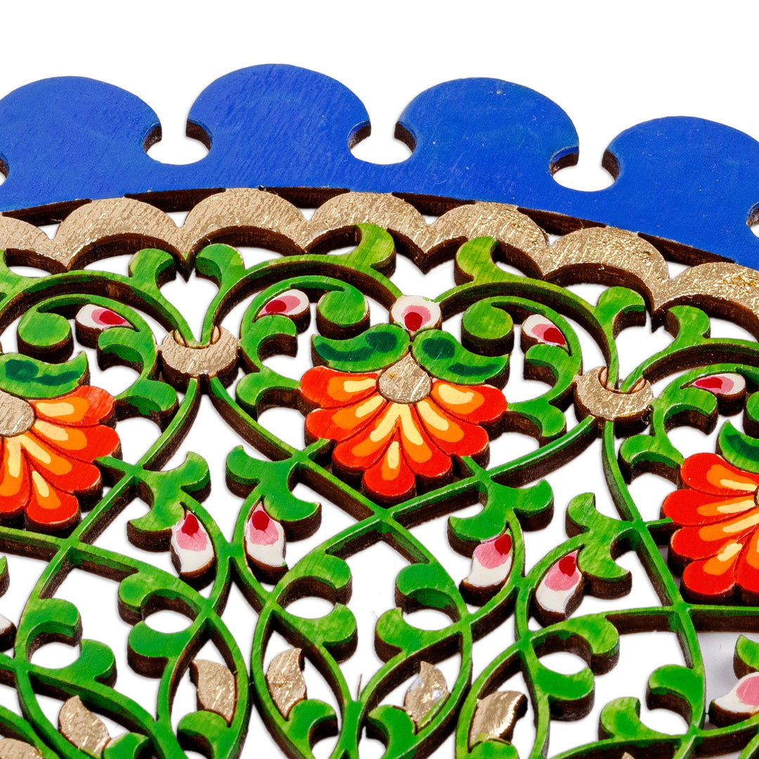 Floral Hand-Carved Round Blue and Green Wood Wall Accent - Utopian Realm