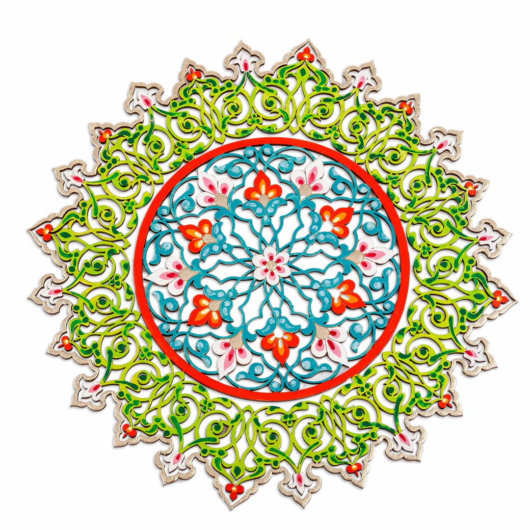 Classic Floral Painted Green and Turquoise Wood Wall Accent - Kingdom Flower in Green