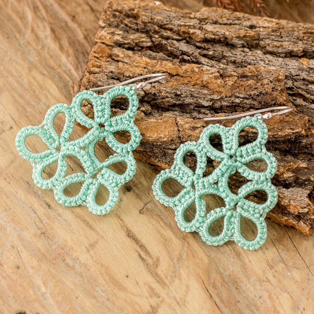 Hand-Tatted Dangle Earrings in Mint Crafted in Guatemala - Petal Essence in Mint