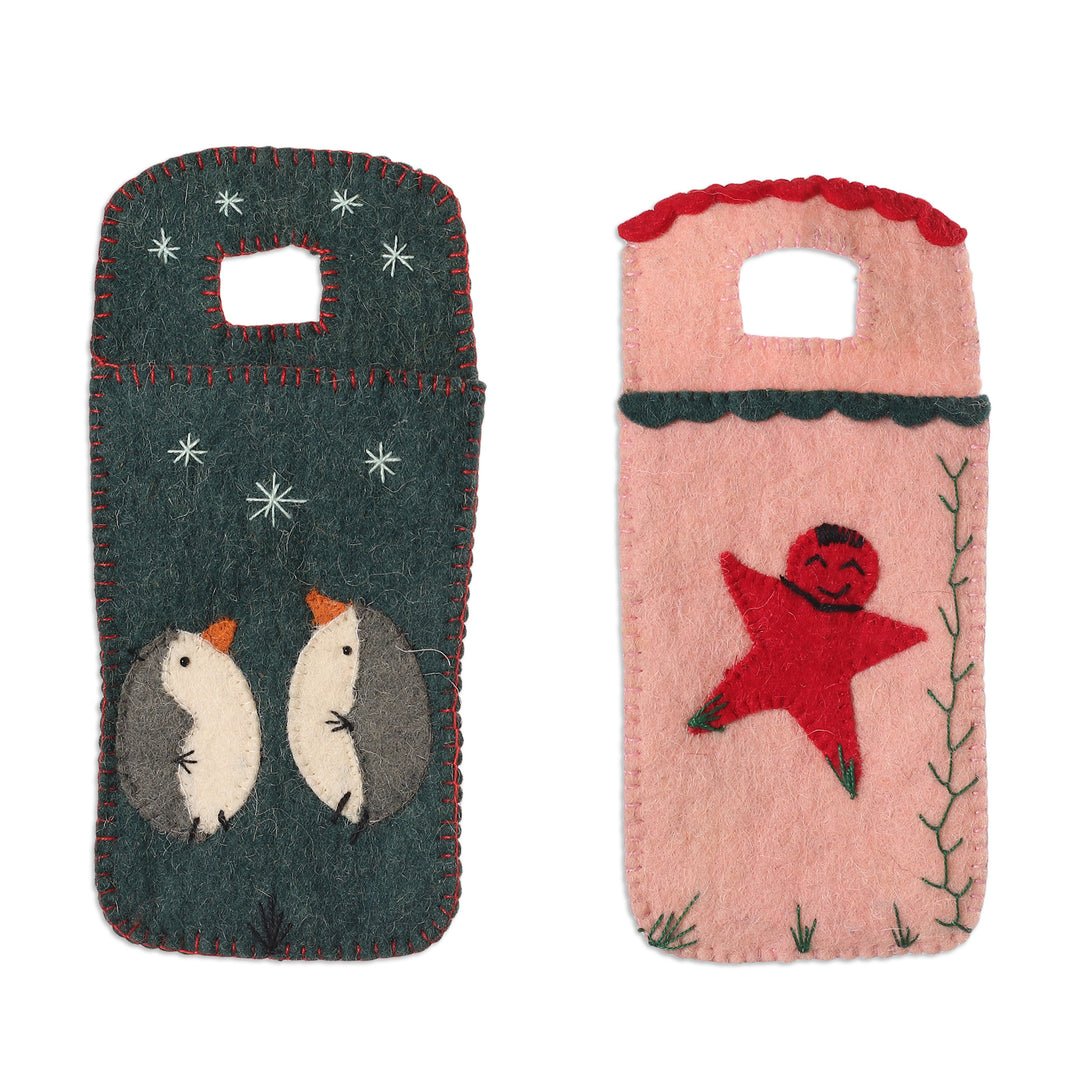 Set of 2 Handcrafted Holiday-Themed Wool Felt Mobile Cases - Holiday Vibes