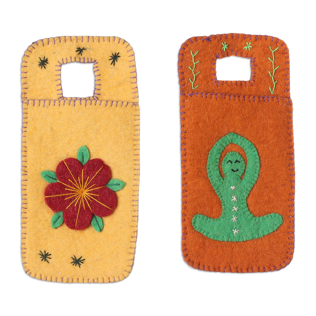 Set of 2 Handcrafted Yoga-Themed Wool Felt Mobile Cases - Peaceful Vibes
